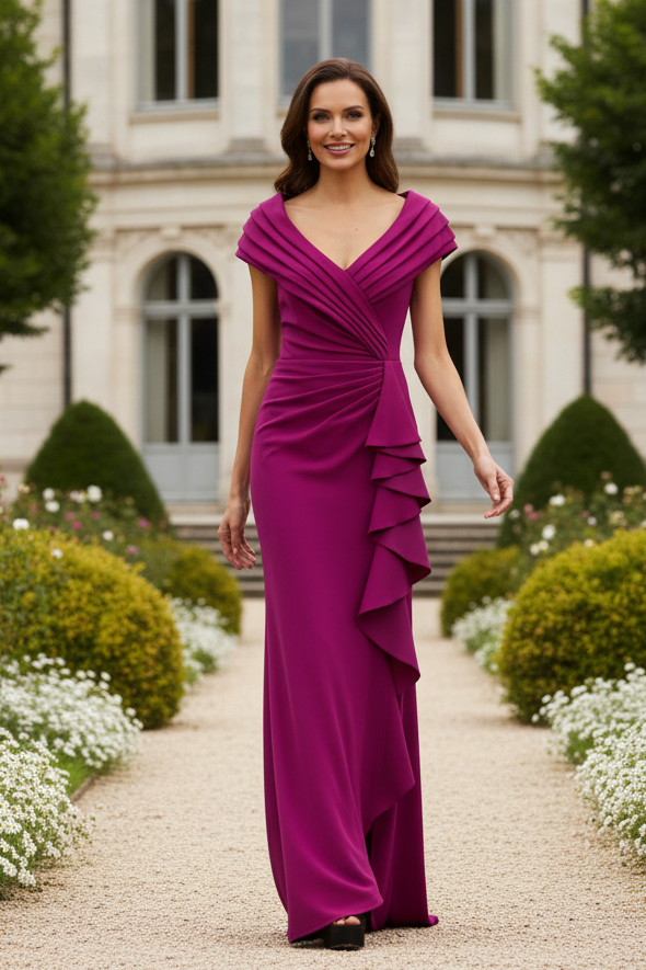 Off-the-Shoulder Ruffle Front Evening Gown with Slit