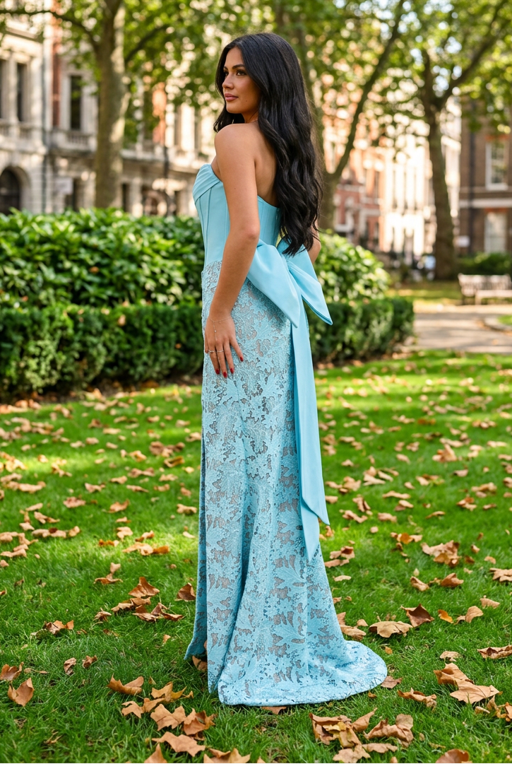 Strapless Lace Gown with Corset Bodice and Bow