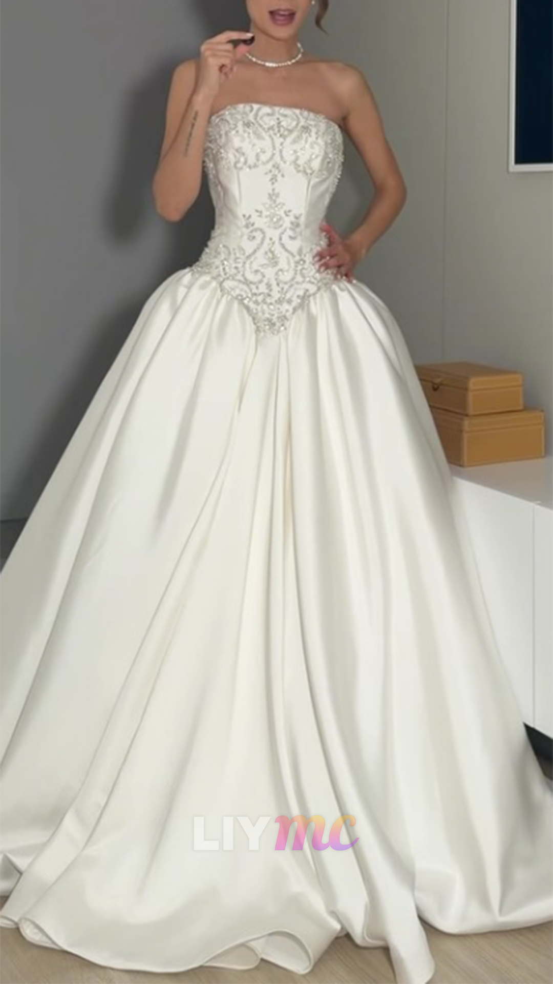Strapless Beaded Bodice Satin Ball Gown