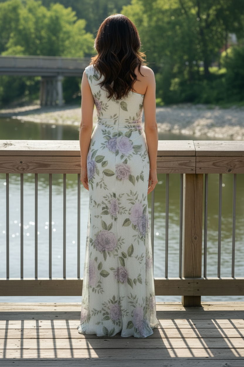 One-Shoulder Floral Sequin Evening Gown