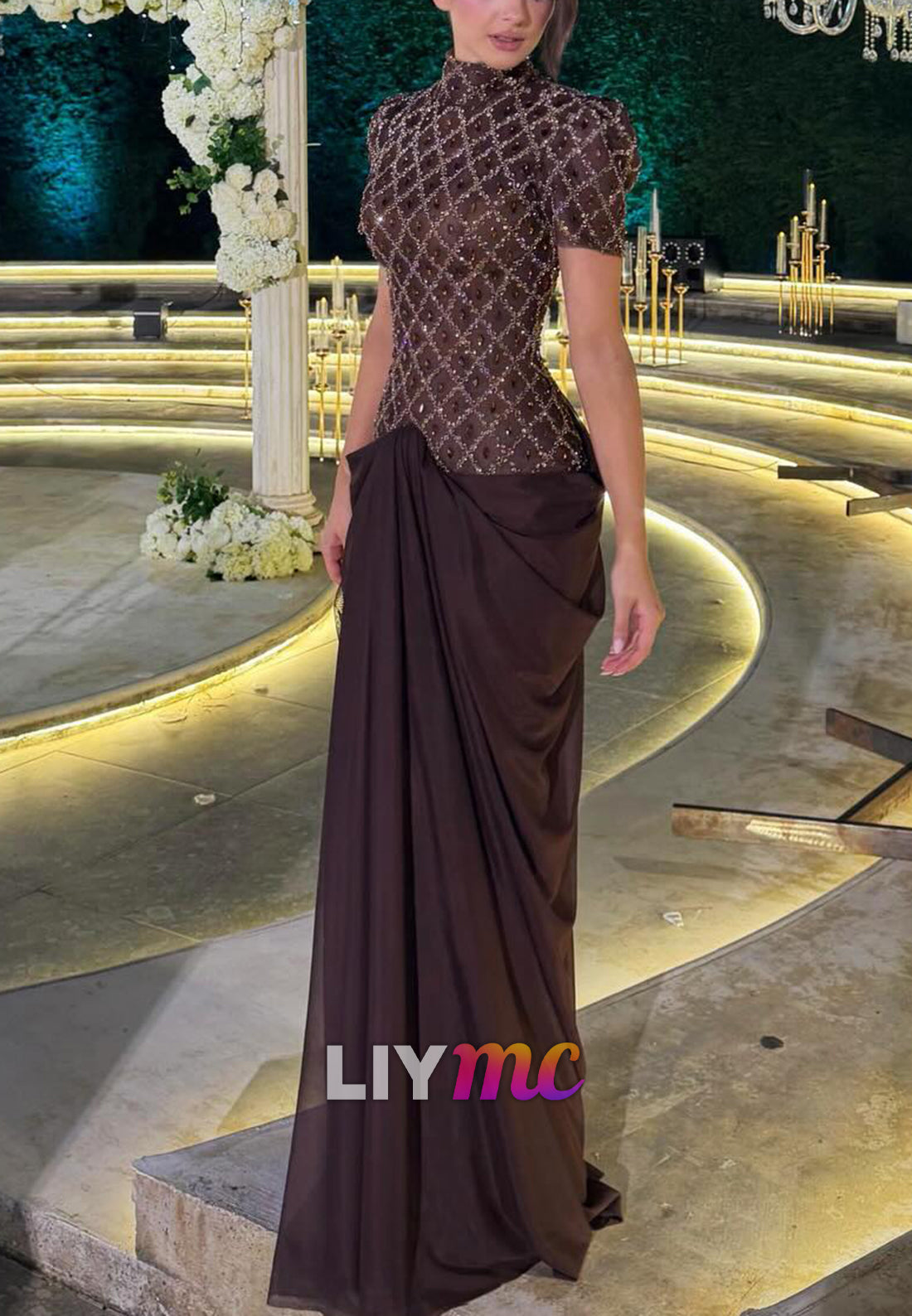 Beaded High-Neck Evening Gown with Side Draping