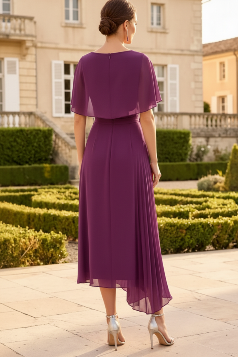 Asymmetrical Pleated Midi Dress with Capelet Bodice