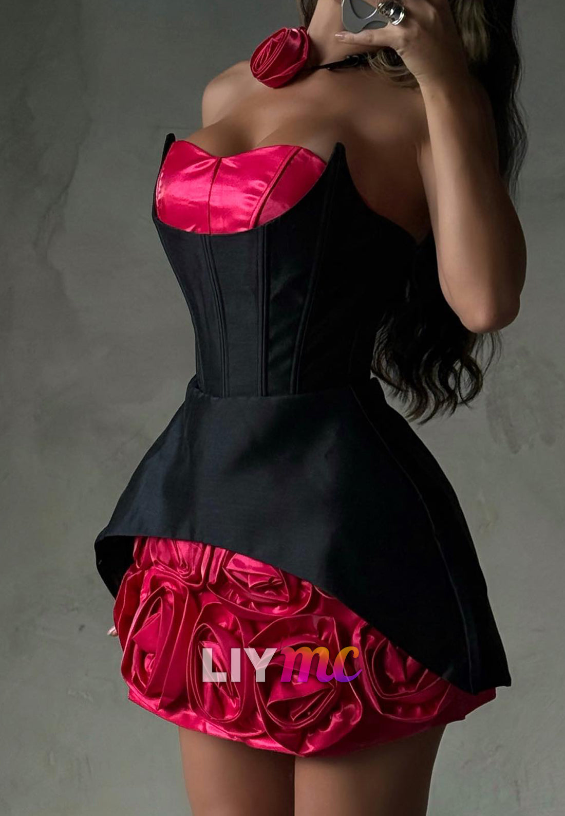 Corset Bodice Mini Dress with 3D Rose Skirt