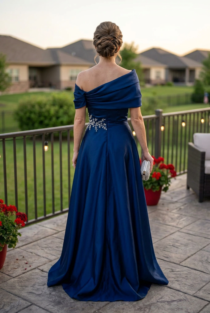 One-Shoulder Satin A-Line Gown with Appliqué
