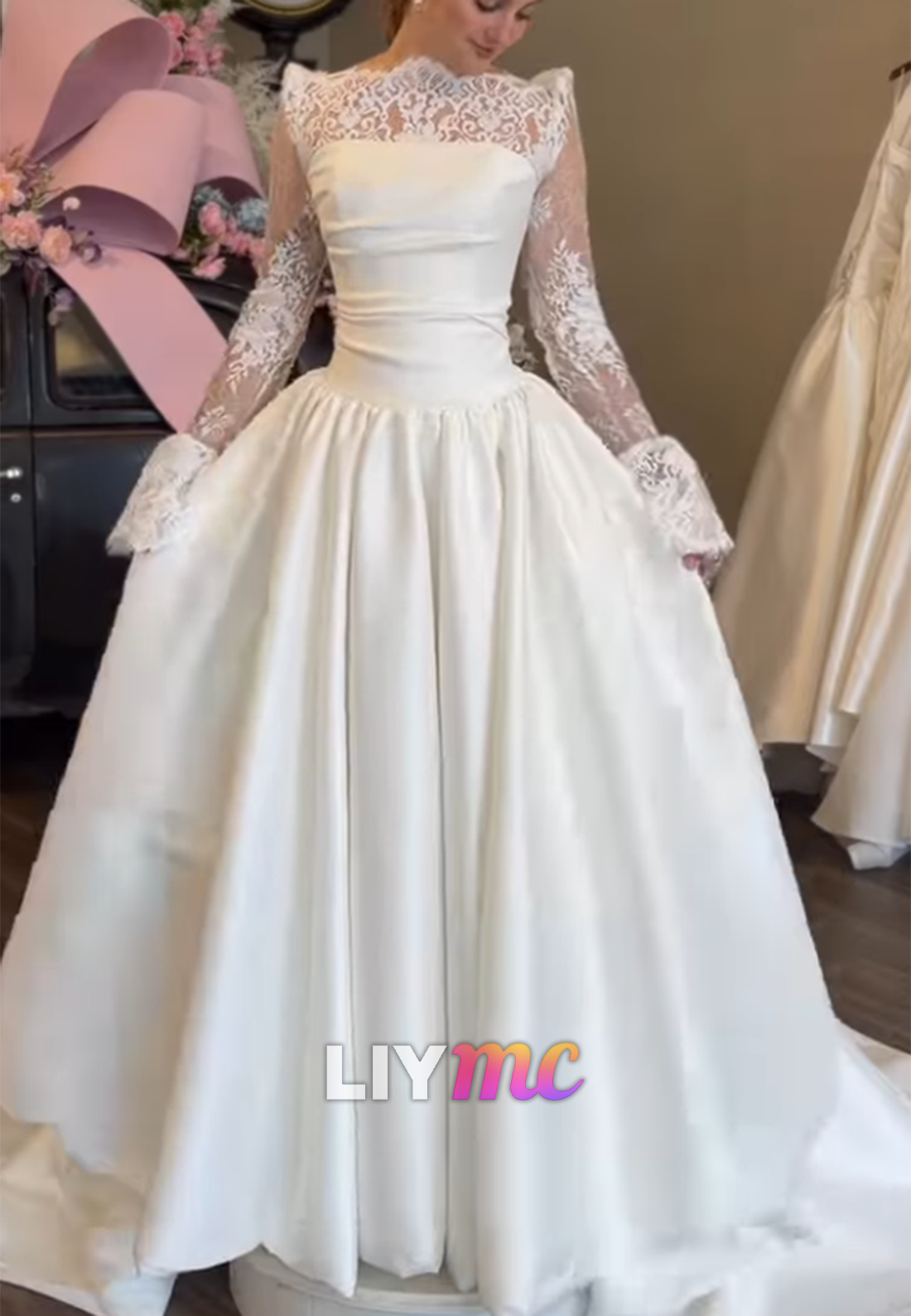 Long-Sleeve Lace A-Line Wedding Dress with Satin Skirt