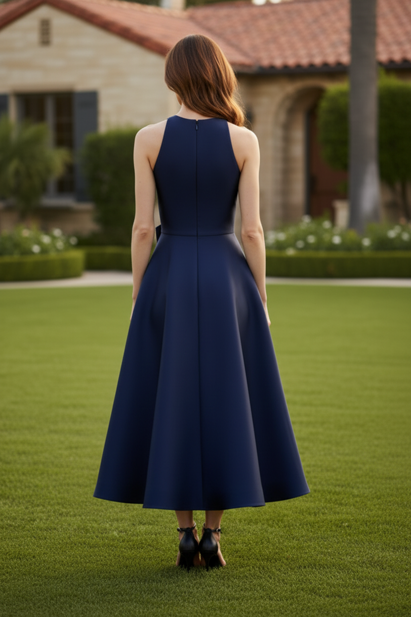 High-Neck Satin A-Line Midi Dress with Bow