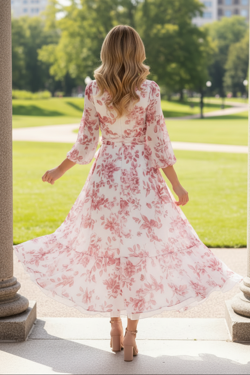 Floral V-Neck High-Low Chiffon Midi Dress