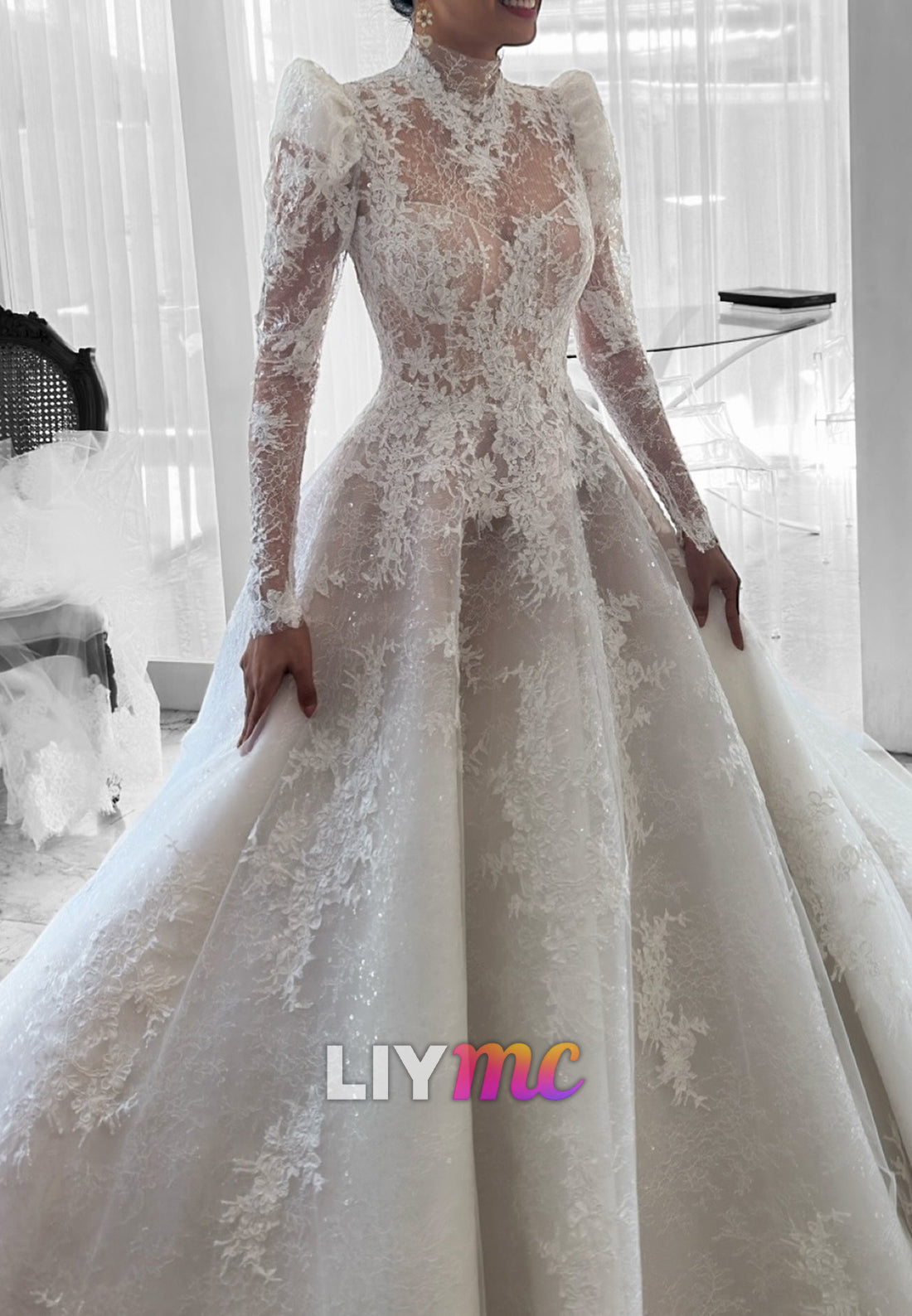 High-Neck Lace Ball Gown Wedding Dress
