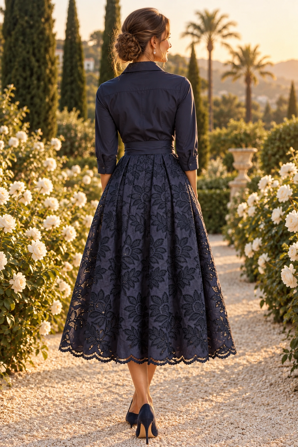 Embroidered A-Line Midi Shirt Dress with Sash