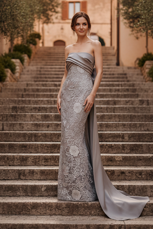 Strapless Floral Lace Column Gown with Draped Train