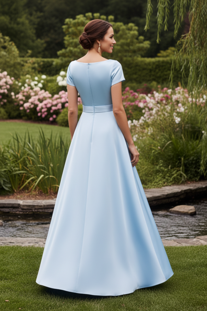 Satin Bateau Neck A-Line Evening Gown with Bow