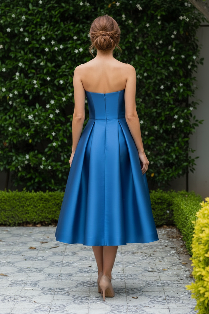 Strapless Satin A-Line Midi Dress with 3D Flowers