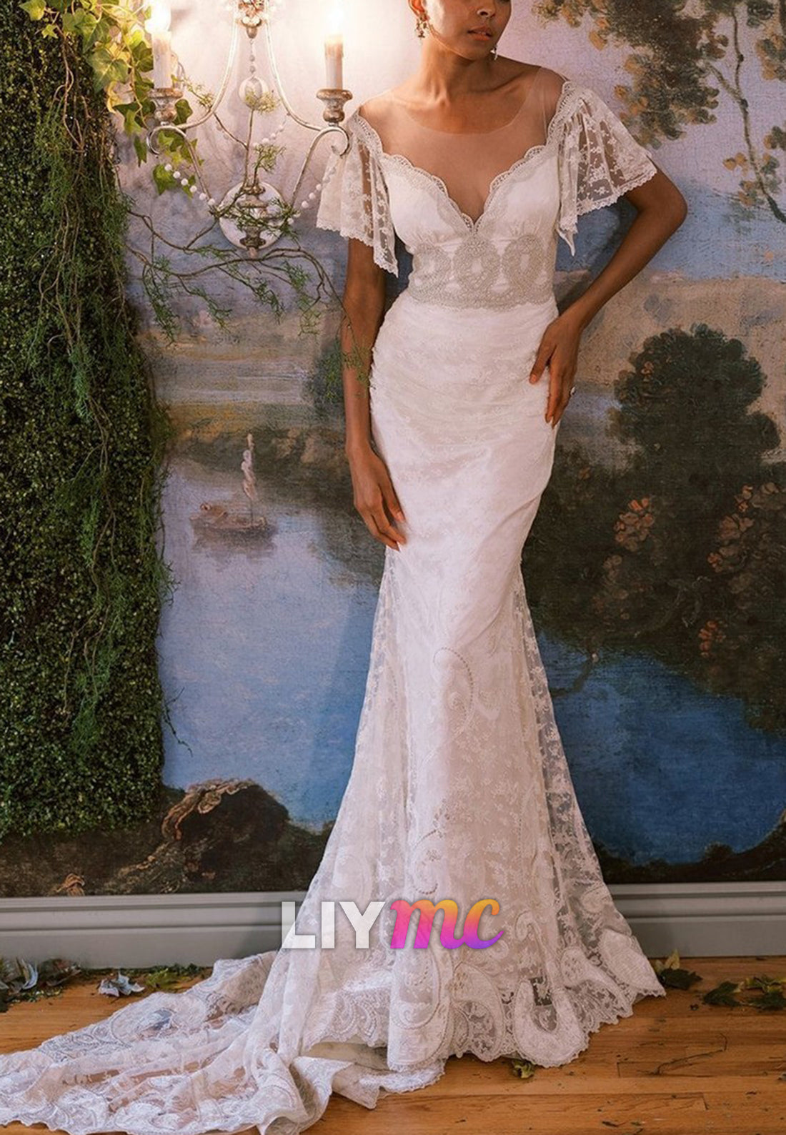 Lace Mermaid Wedding Gown with Illusion Sweetheart Neckline