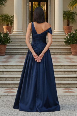 One-Shoulder Pleated Satin A-Line Gown