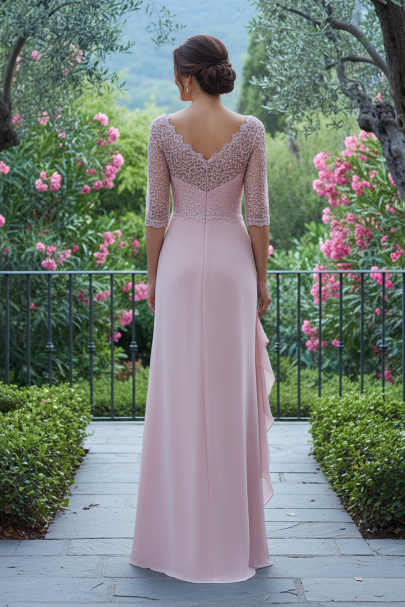 Beaded Lace V-Neck Sheath Gown with Draped Skirt