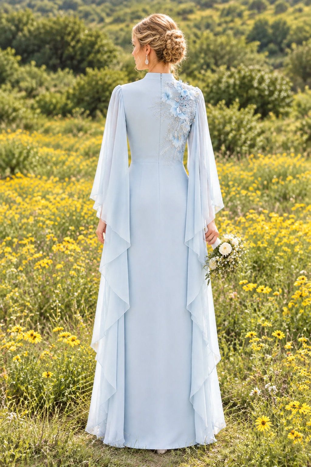 Embellished Cape Sleeve High Neck Evening Gown
