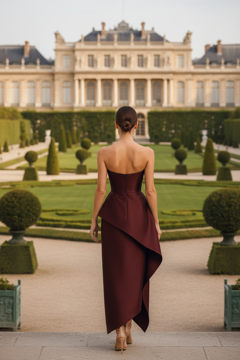 Strapless Asymmetrical Peplum Column Evening Gown