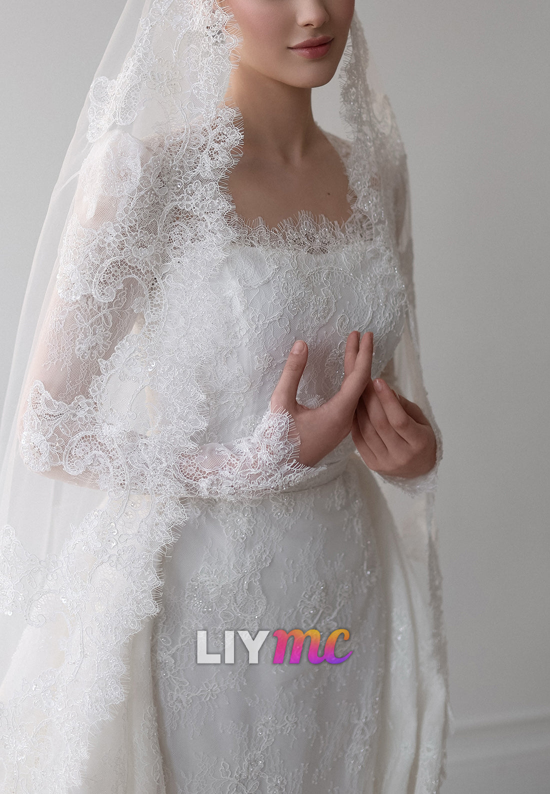 Long Sleeve Lace Wedding Dress with Detachable Train