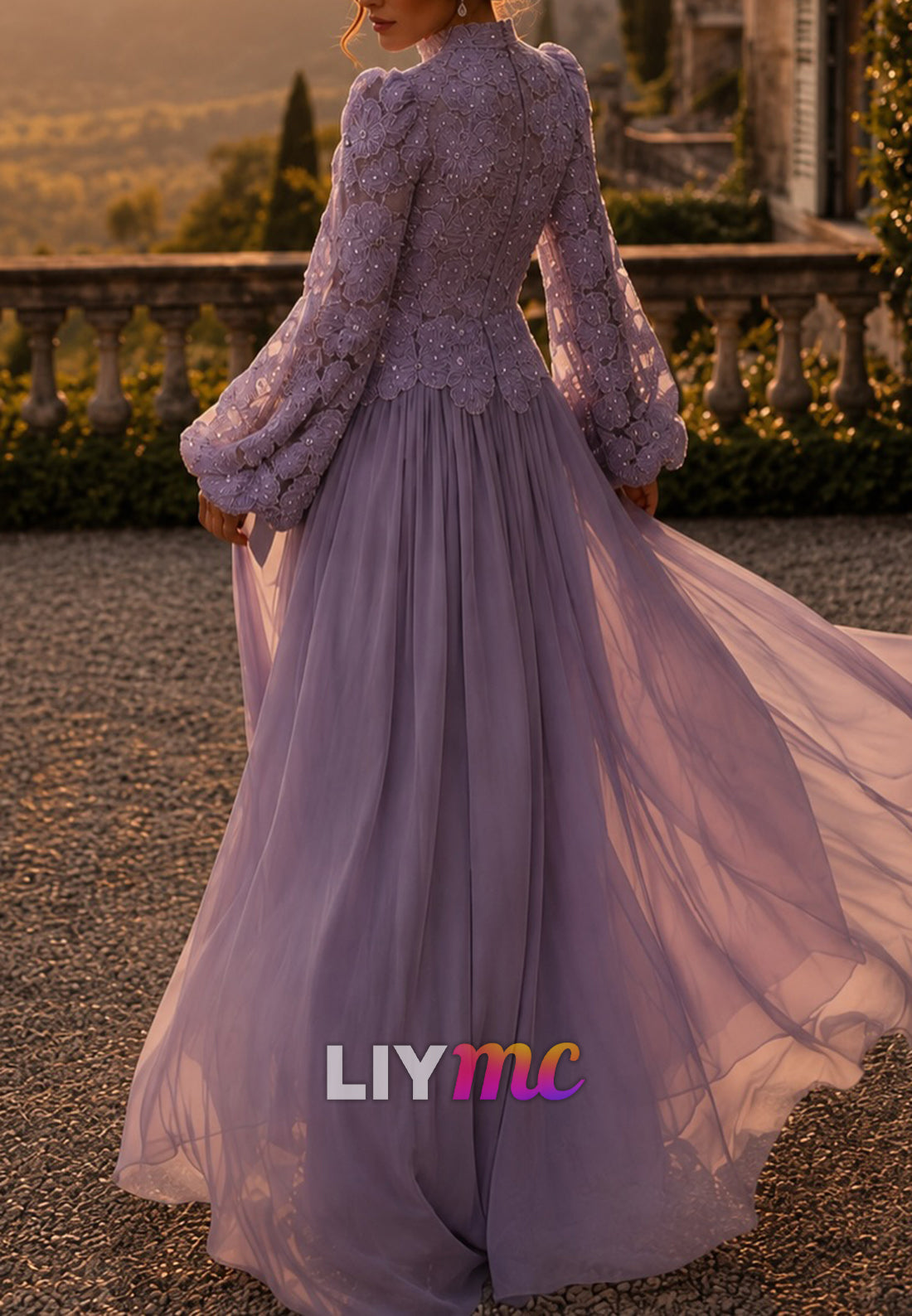 Lace Bodice Long Sleeve Tulle A-Line Evening Gown