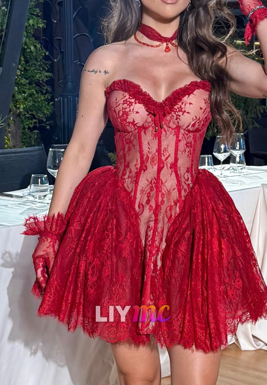 Strapless Lace Corset Mini Dress with Bubble Skirt