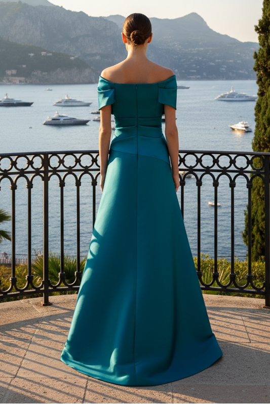 Off-the-Shoulder Pleated Bodice Satin Evening Gown