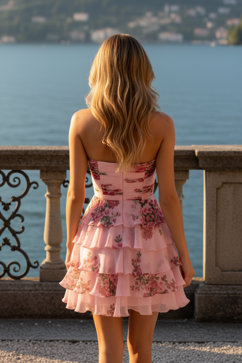 Strapless Tiered Ruffle Floral Chiffon Mini Dress