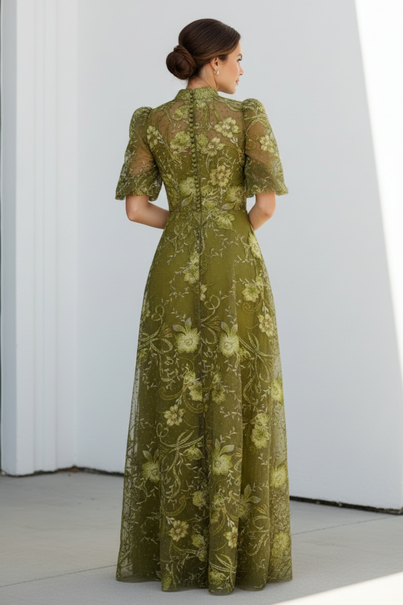 Embroidered Floral Illusion Sleeve Evening Gown