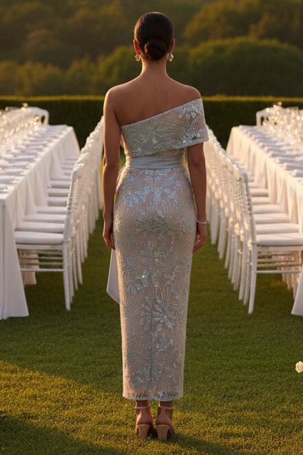 One-Shoulder Sequined Sheath Dress with Satin Sash