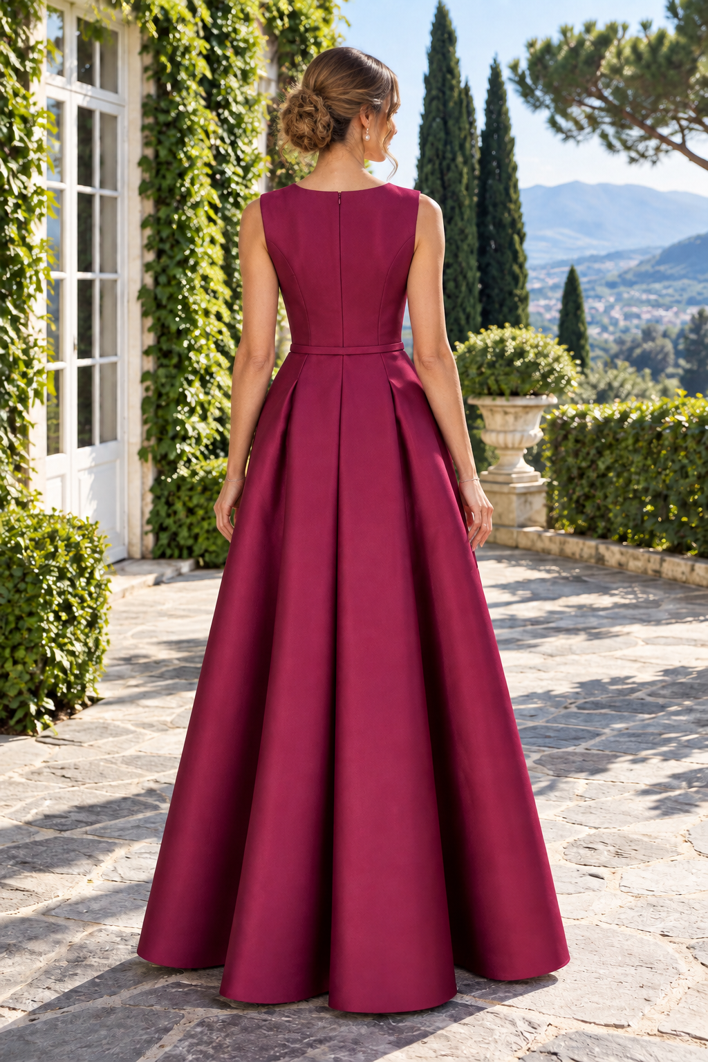 Sleeveless Slit-Neck Bow-Accent A-Line Gown