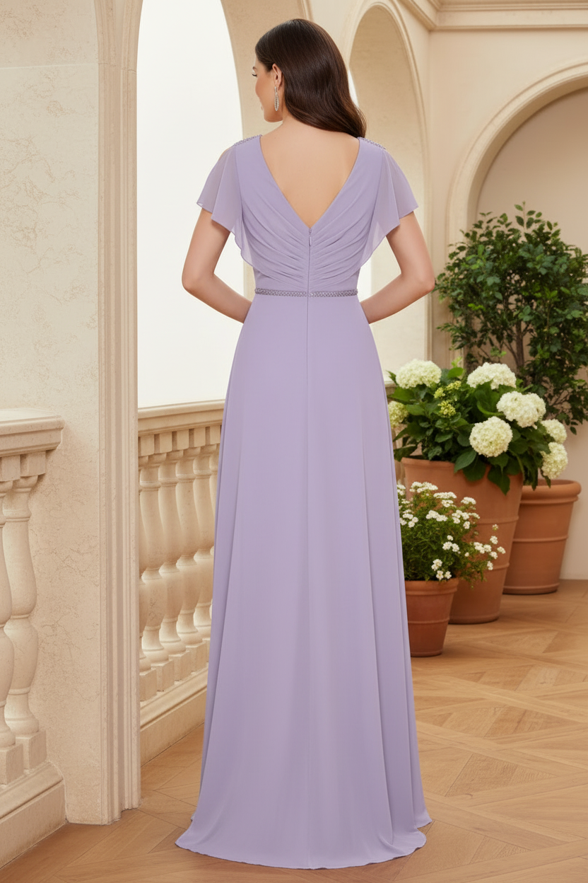 Beaded Waist V-Neck Chiffon Evening Gown
