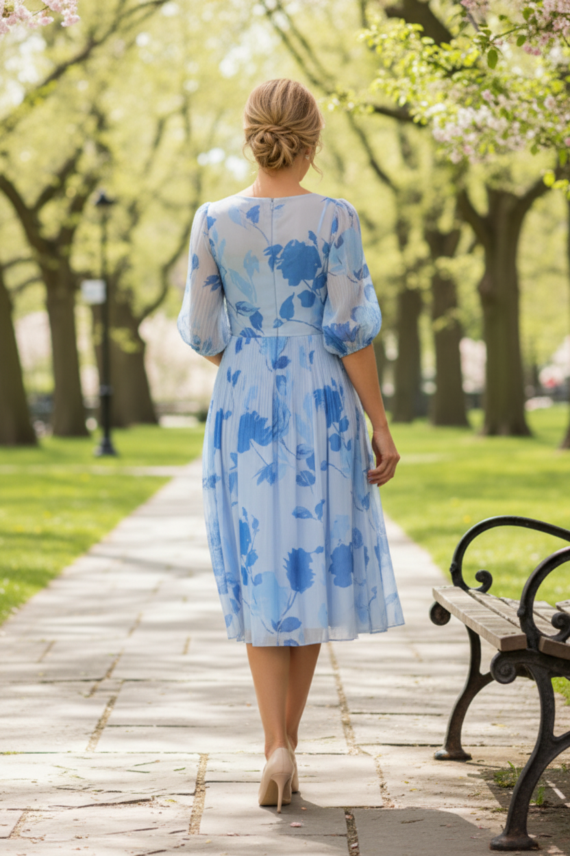 Floral Pleated Organza Midi Dress