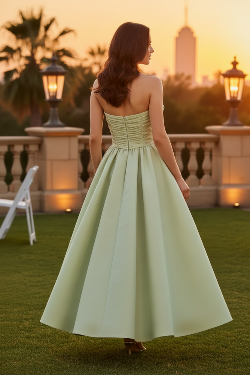 Strapless Ruffle Bust Asymmetric Midi Dress