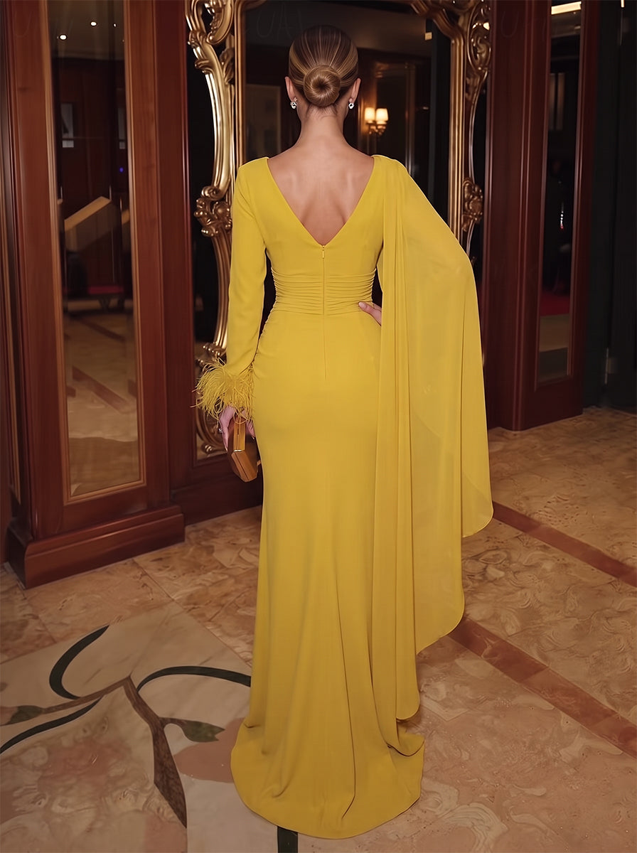 Asymmetric Cape Sleeve V-Neck Evening Gown