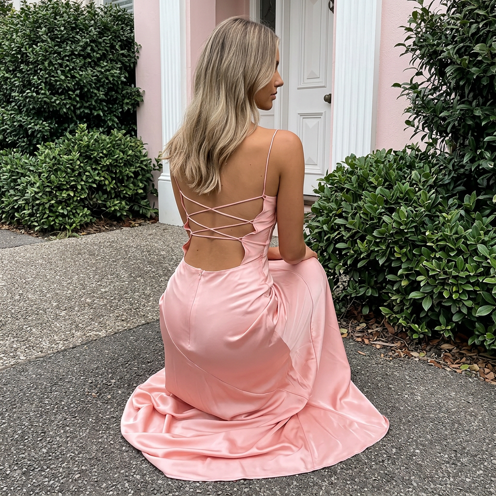 Ruched Maxi Slip Dress with High Slit and Lace-Up Back