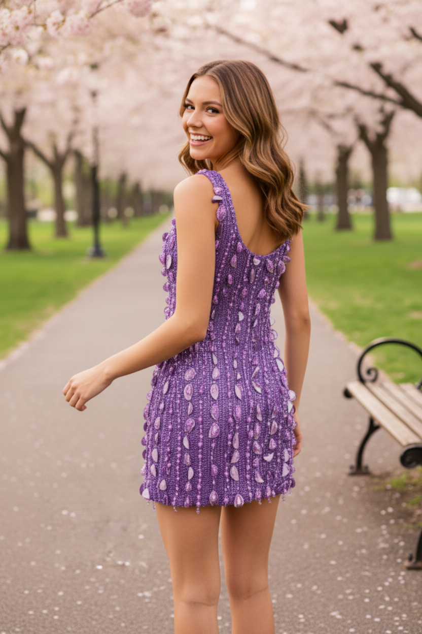 Beaded Open Back Sequin Knit Mini Dress