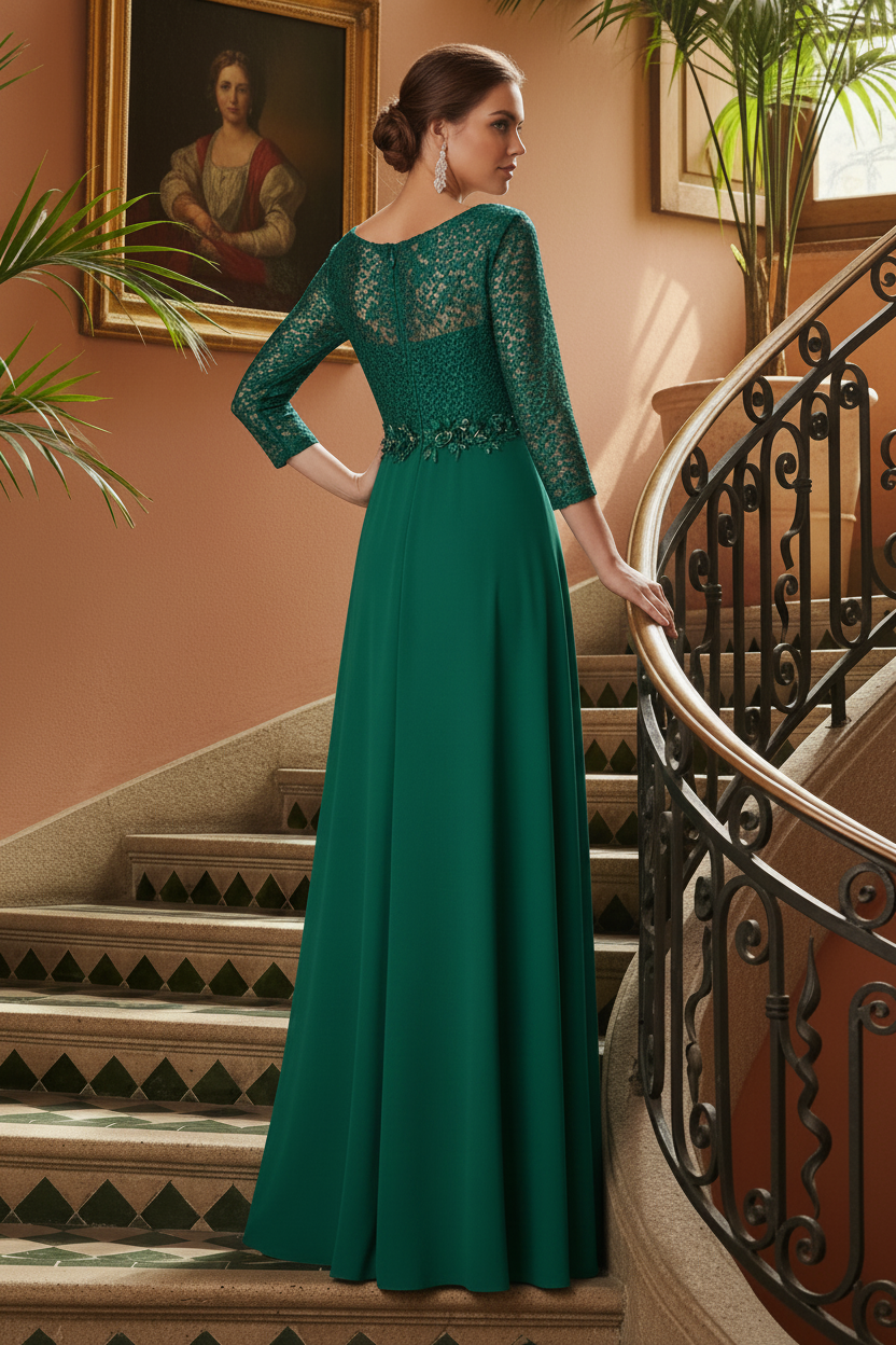 Lace A-Line Gown with 3D Flower Waist and Ruffle Skirt