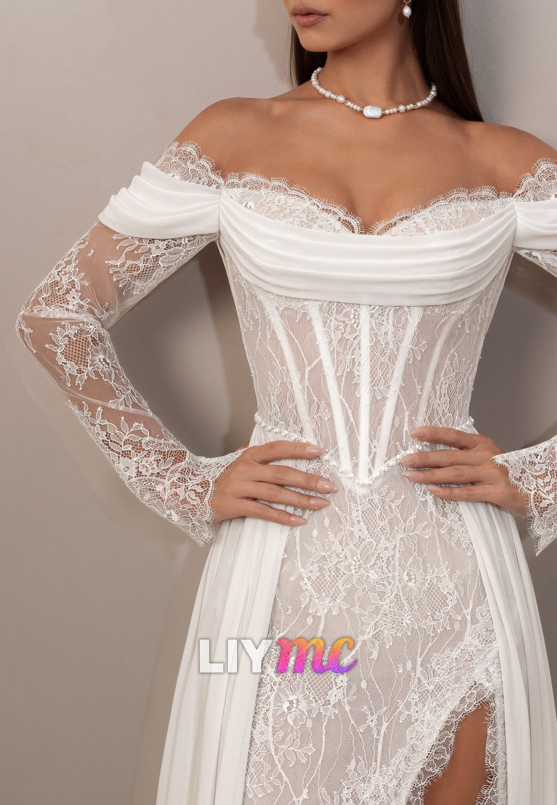 Off-the-Shoulder Lace Corset Wedding Dress with Slit