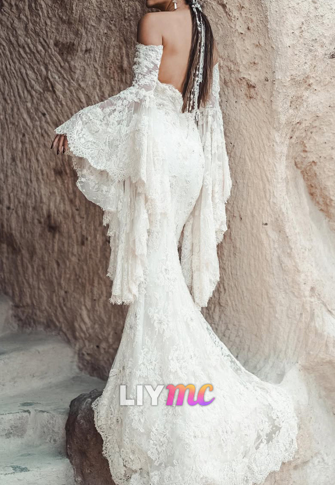 Lace Off-the-Shoulder Bell Sleeve Mermaid Gown