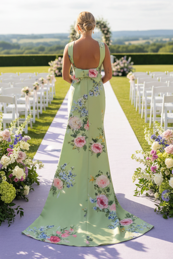 Floral High-Neck Column Gown with Back Bow Train