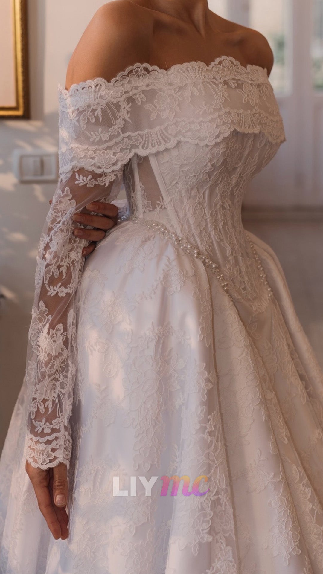Off-the-Shoulder Lace Ball Gown Wedding Dress