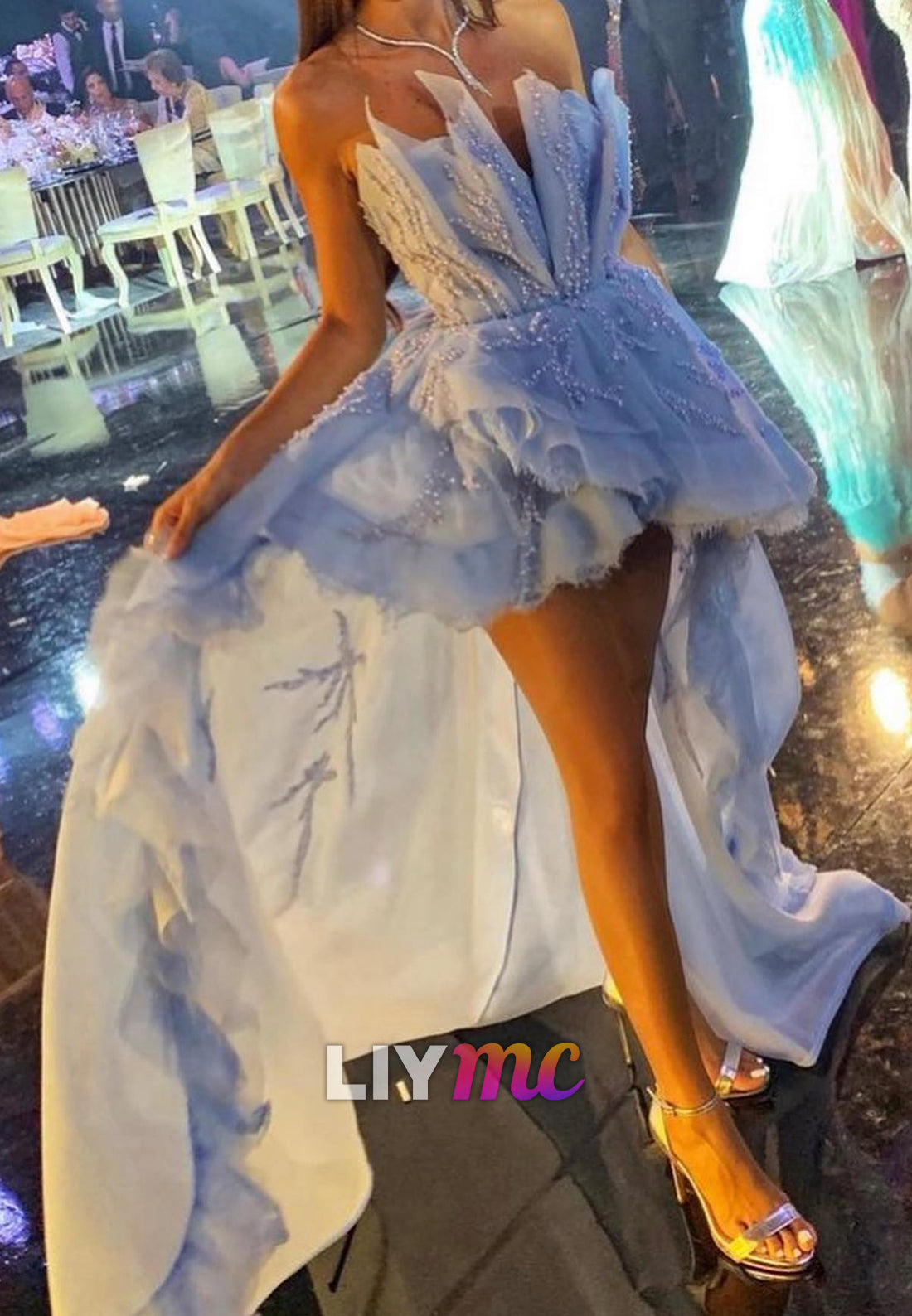 Pearl Beaded Ruffle Hi-Lo Tulle Gown with High Slit