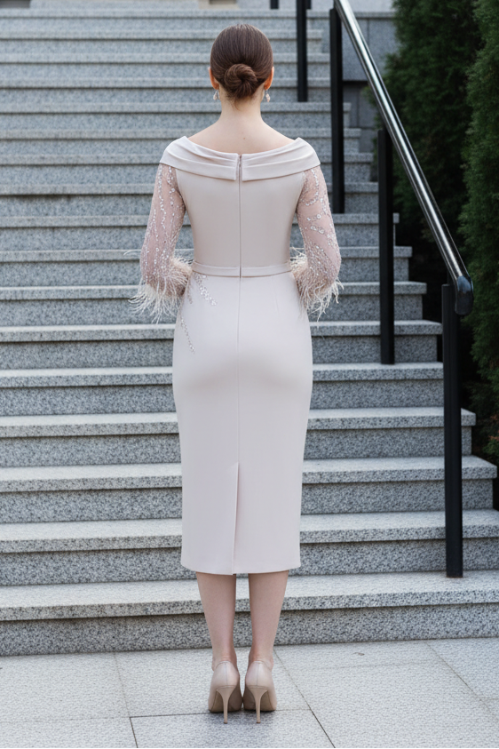 Asymmetrical Beaded Midi Dress with Feather Cuffs