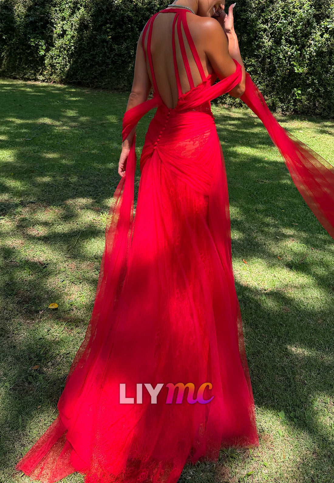 Tulle & Lace Halter Gown with Draped Shawl