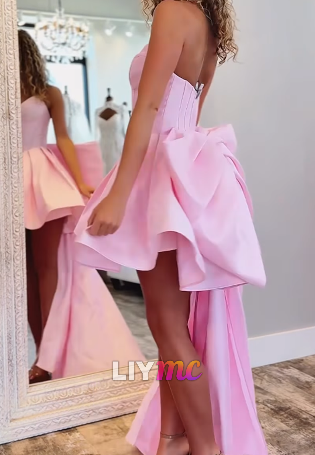 Strapless Sweetheart Corset High-Low Dress with Bow