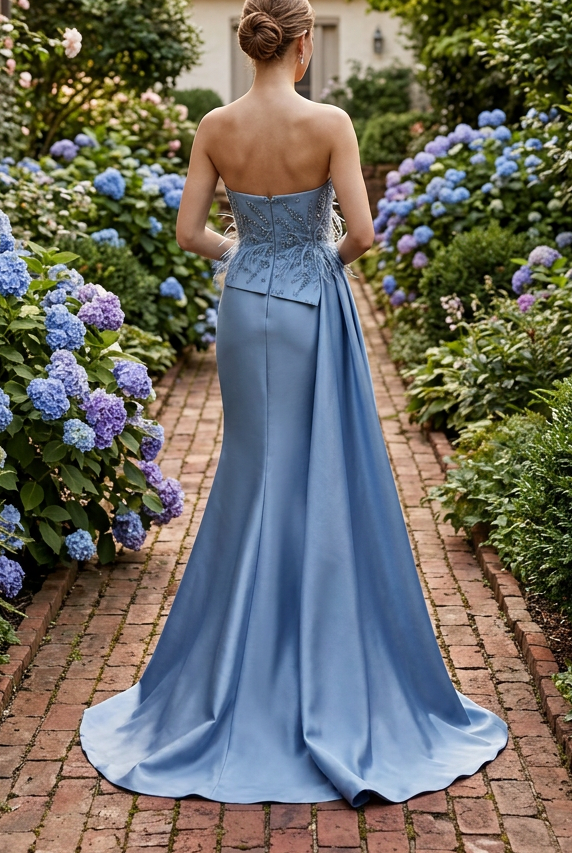 Strapless Feather and Beaded Gown with Overskirt