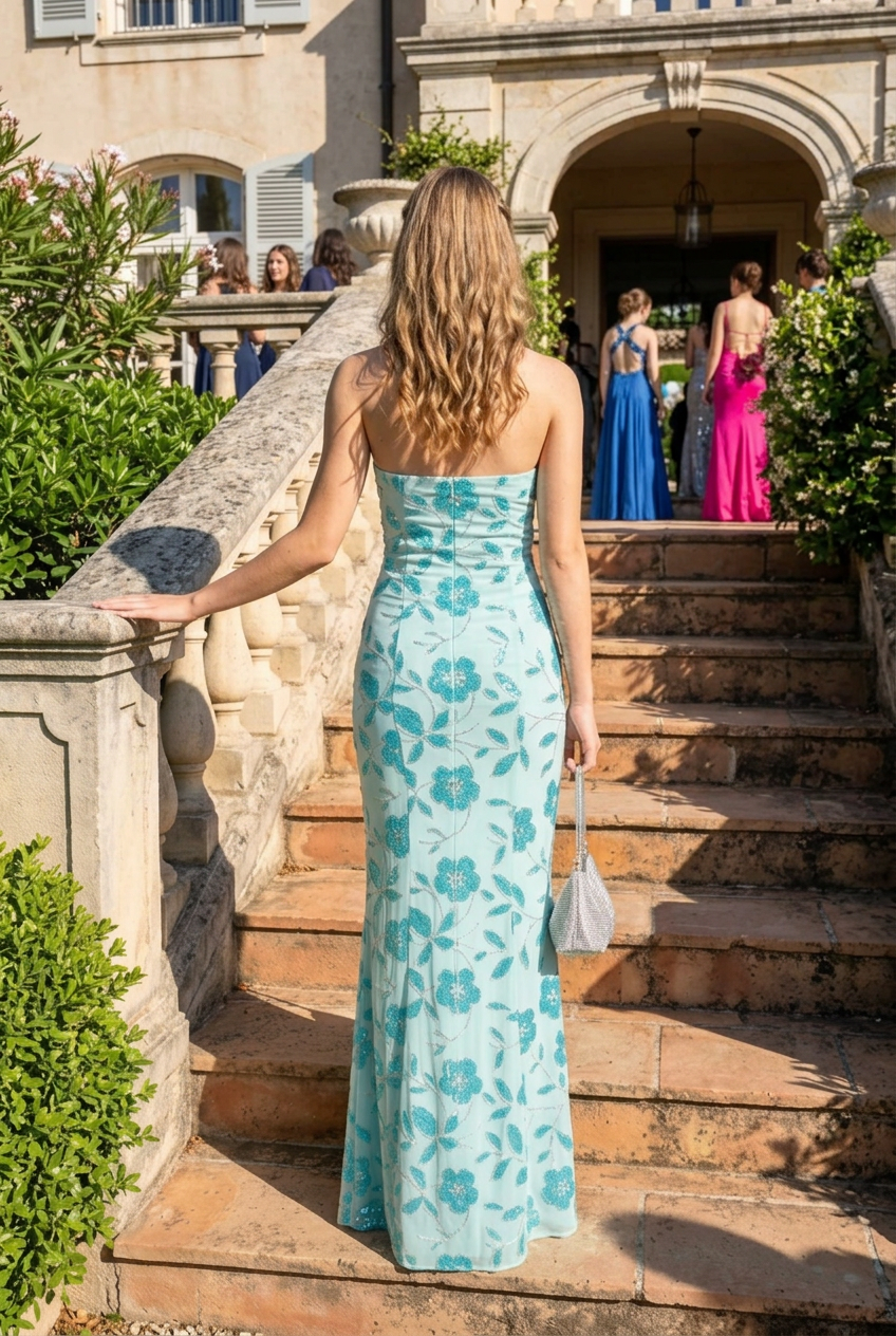 Strapless Floral Sequin Column Gown