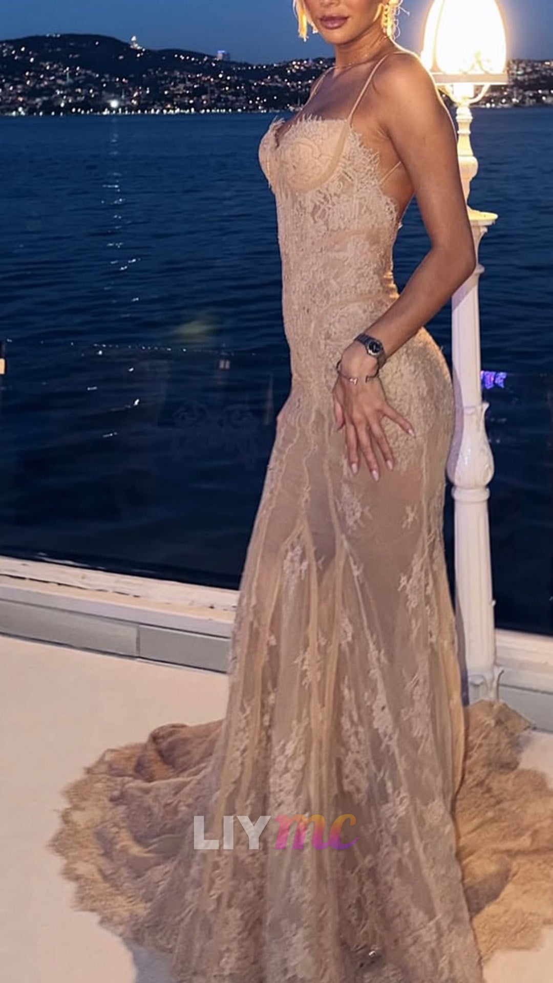 Lace Trumpet Evening Gown with Spaghetti Straps