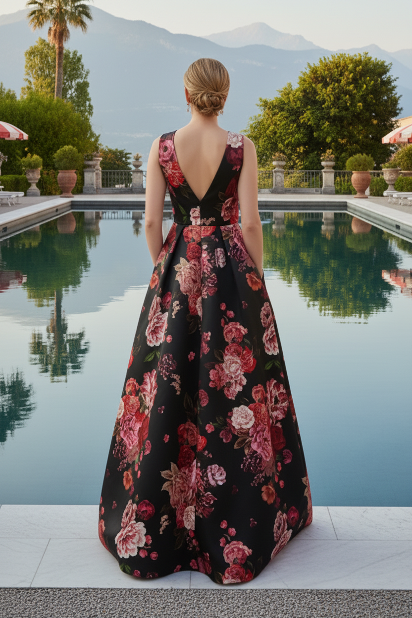Sleeveless Floral Pleated A-Line Gown