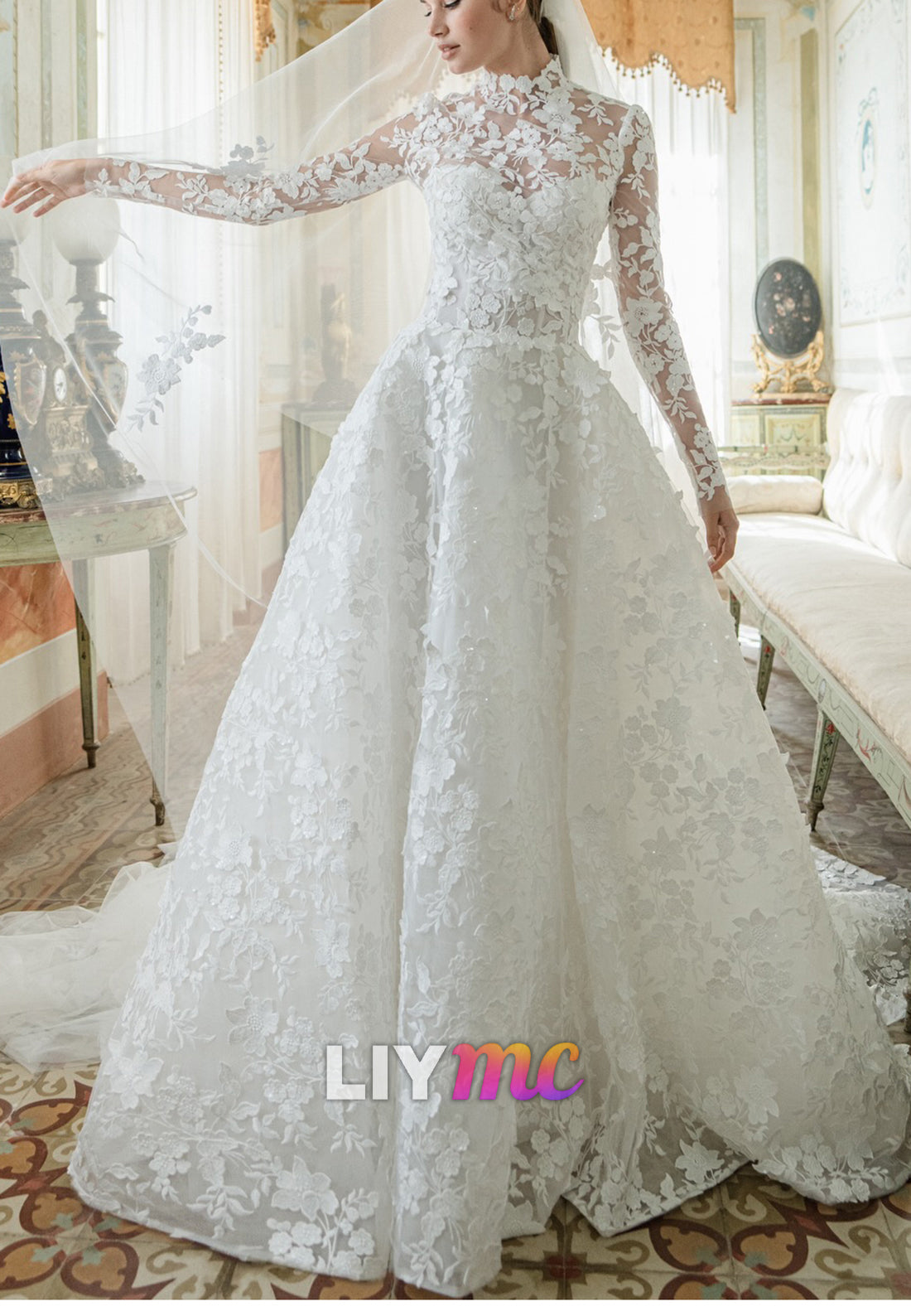 Illusion Lace Long-Sleeve Wedding Gown with High Neckline