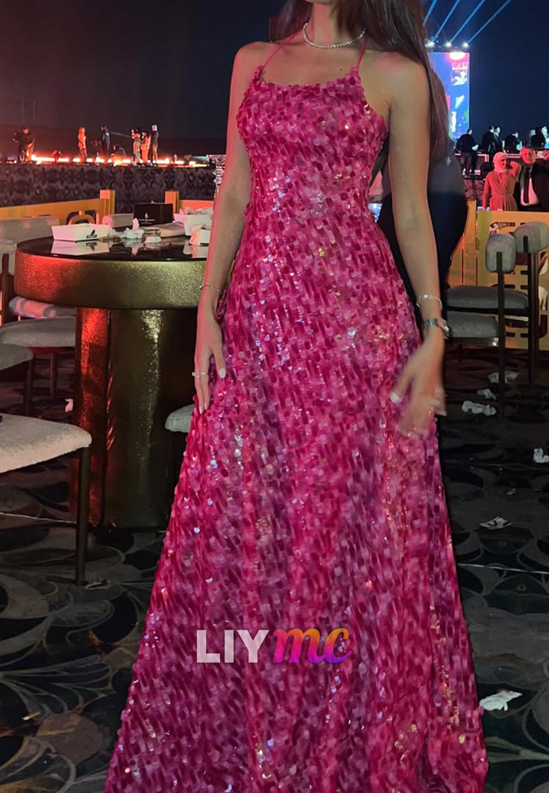 Sequined Spaghetti Strap A-Line Gown